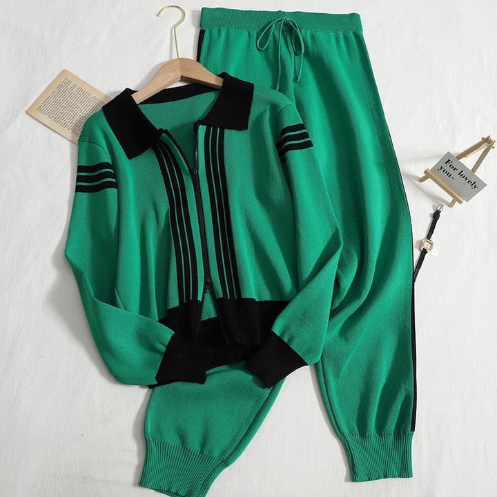 Damen modisches Strick-Loungewear-Set mit Reißverschluss und sportlichen Details Drune