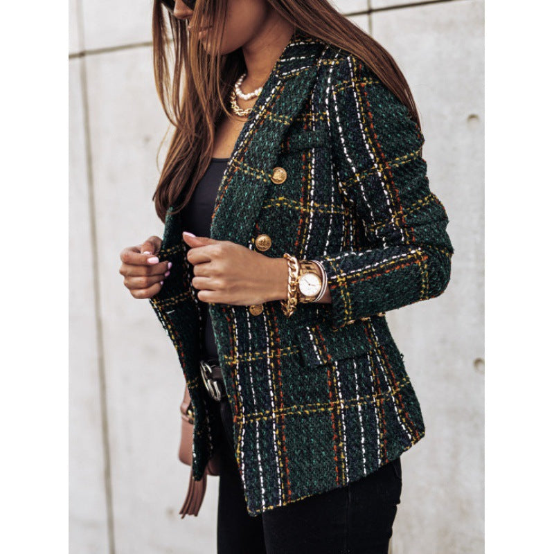 Damen Karierter Blazer mit goldenen Knöpfen und strukturiertem Gewebe Drune