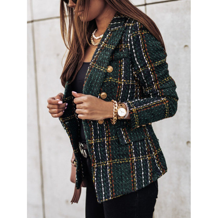 Damen Karierter Blazer mit goldenen Knöpfen und strukturiertem Gewebe Drune