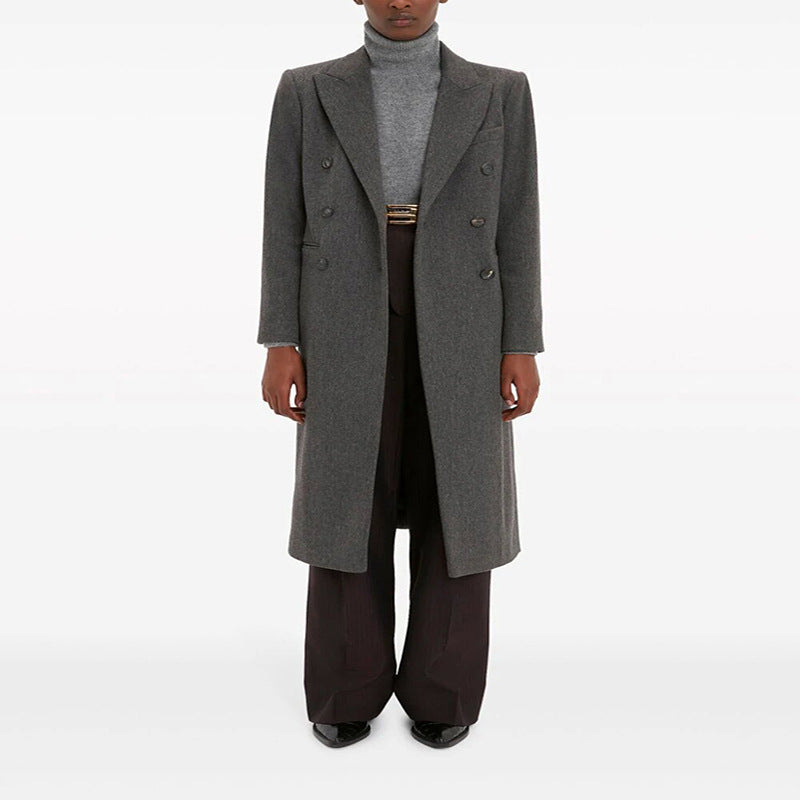 Damen Doppelreihiger Longcoat im Tailoring‑Look mit schmaler Silhouette und markanter Schulter Drune
