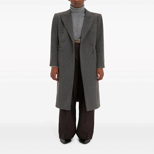 Damen Doppelreihiger Longcoat im Tailoring‑Look mit schmaler Silhouette und markanter Schulter Drune