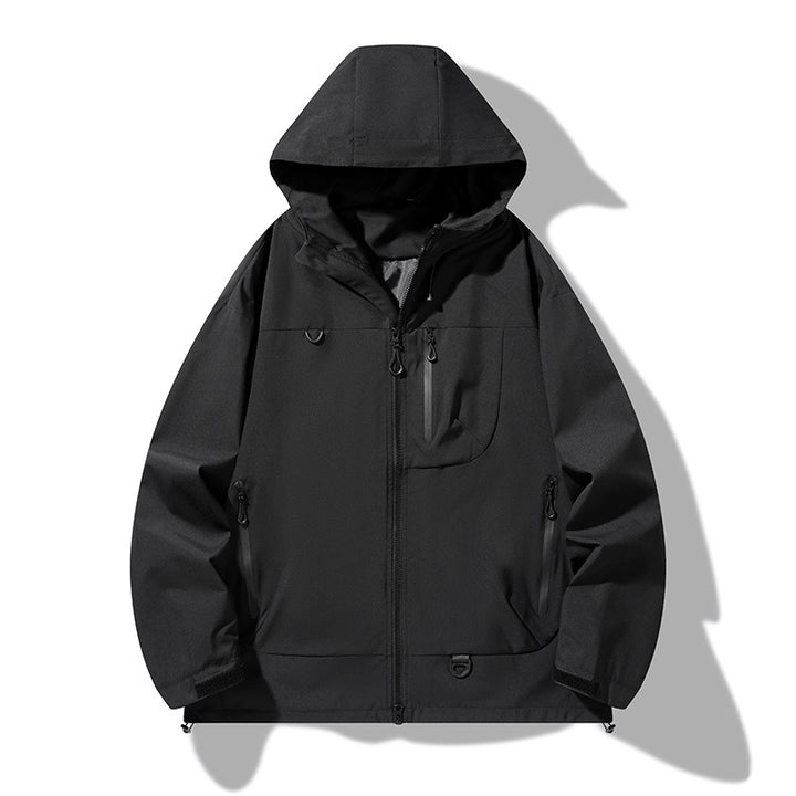 Herren wasserdichte Softshell-Kapuzenjacke mit verschweißten Nähten, verdeckter Brusttasche und verstellbarem Saum Drune