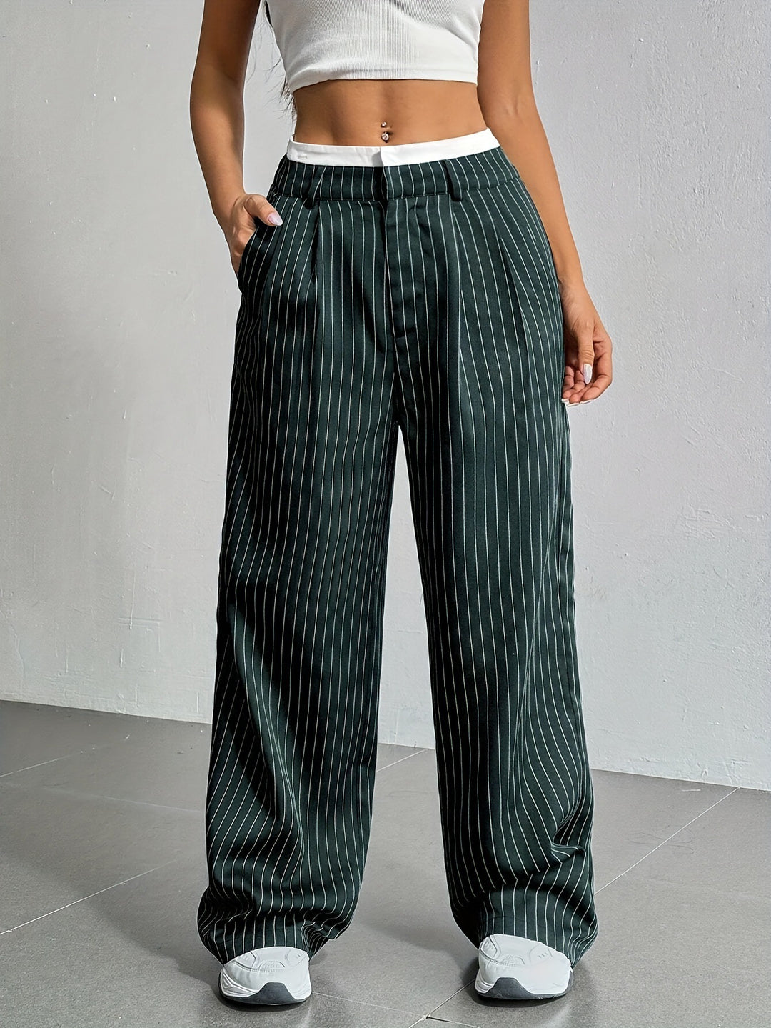 Damen Elegante Weite Hose mit Nadelstreifen und hohem Bund Drune