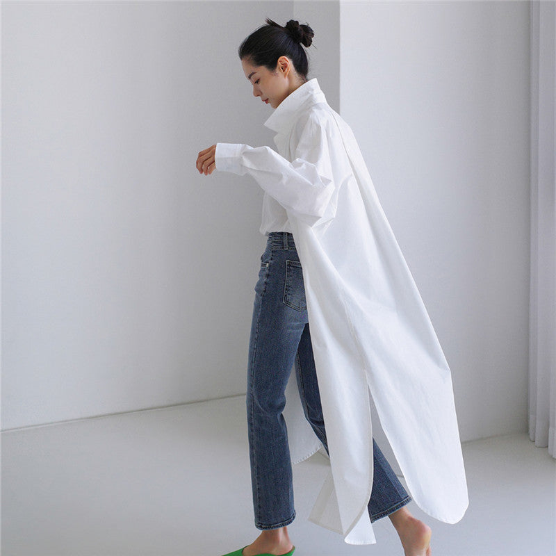 Damen Maxilanges Popeline-Hemdkleid mit kastiger Oversize-Silhouette und abgerundetem Saum Drune
