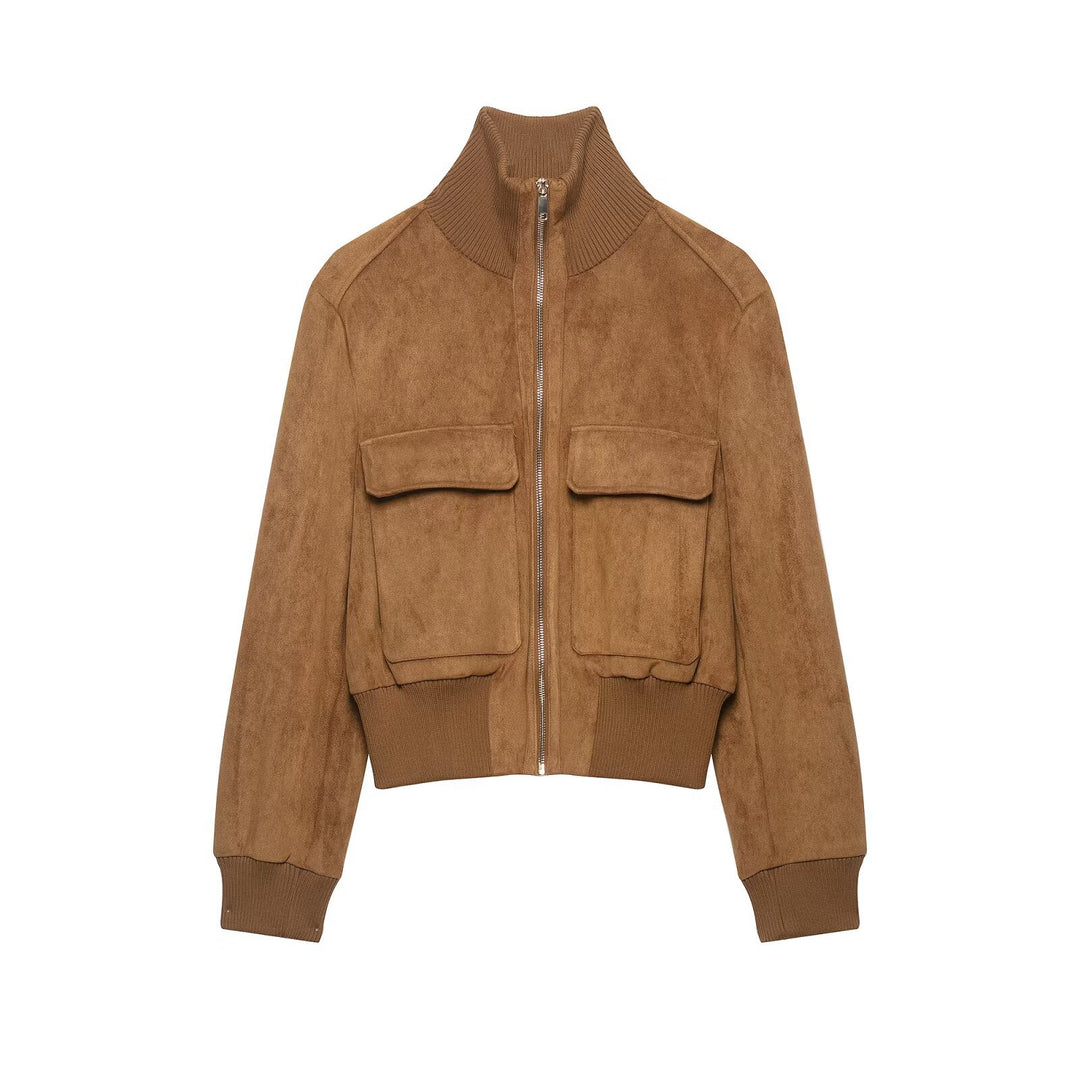 Damen kurzgeschnittene Wildleder-Bomberjacke mit hohem Rippkragen und Pattentaschen Drune
