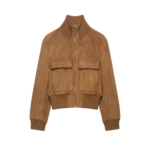 Damen kurzgeschnittene Wildleder-Bomberjacke mit hohem Rippkragen und Pattentaschen Drune