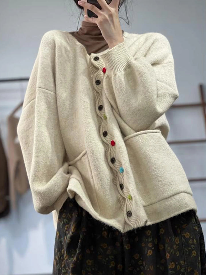 Damen Oversized Strickcardigan mit Zierknopfleiste und aufgesetzten Taschen Drune