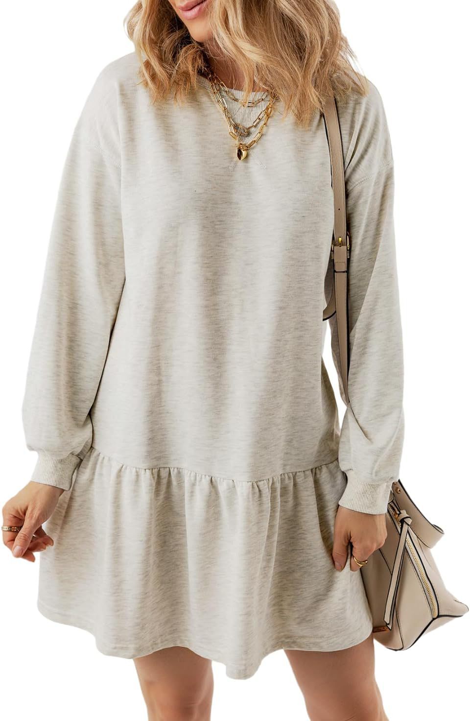 Damen lässiges Sweatkleid mit voluminösen Ärmeln und Rüschendetail Drune