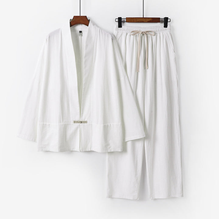 Herren Zen-inspiriertes Kimono-Loungewear-Set aus leichter Baumwollmischung mit offenem Schnitt und Kordelbundhose Drune