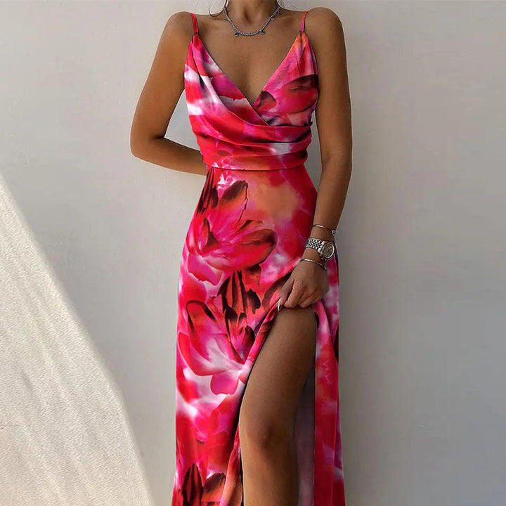 Drune | Kleid mit Hosenträgern und V-Ausschnitt mit geteiltem Print