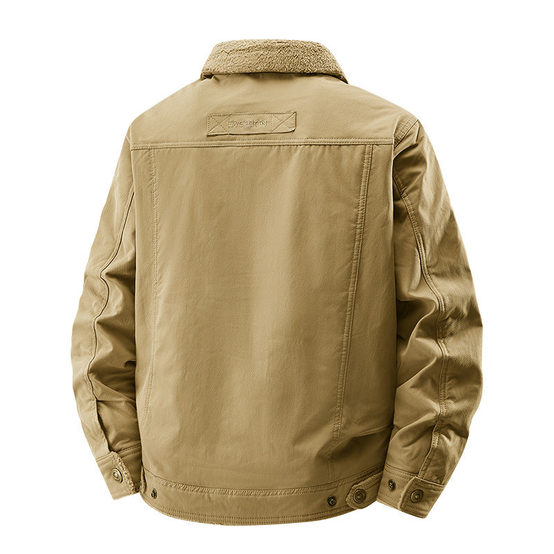 Herren  Fleece gefütterte Arbeitsjacke Truckerjacke mit Sherpa-Kragen Knopfverschluss und Brustklapptasche Drune