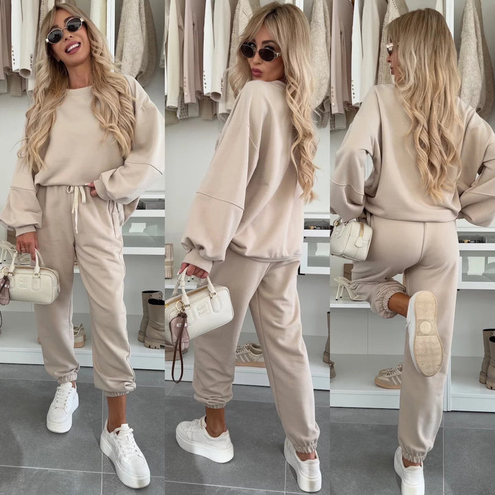Damen Oversized Loungewear-Set aus weich angerautem Sweat mit Kordelzug-Jogginghose und relaxed Pullover Drune