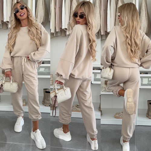 Damen Oversized Loungewear-Set aus weich angerautem Sweat mit Kordelzug-Jogginghose und relaxed Pullover Drune