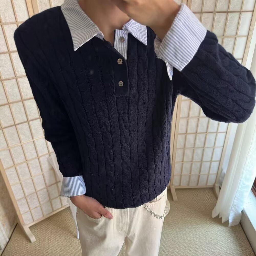 Damen Modischer Grobstrickpullover mit attraktivem Hemdkragen Drune