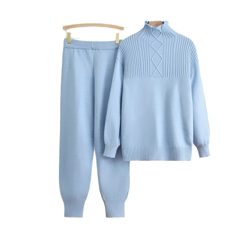 Damen gemütliches Strick-Loungewear-Set mit hohem Kragen und Rippstruktur Drune