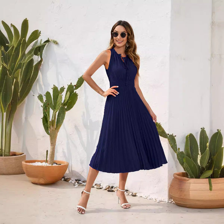 Damen Plissiertes Midikleid mit elegantem Schlitz und verstellbarem Kragen Drune