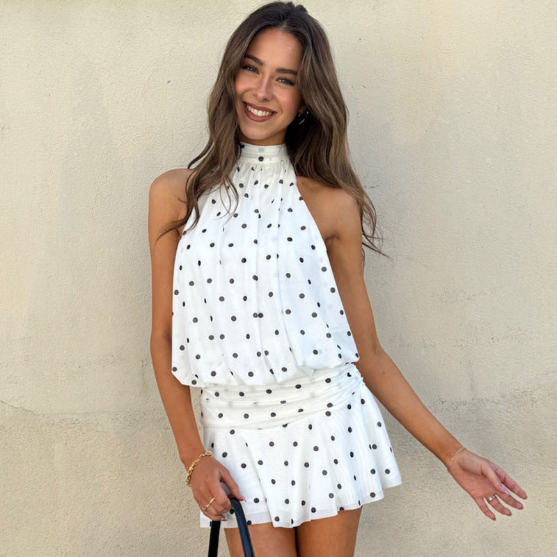 Damen verspieltes Polka-Dot Top mit lässigem Schnitt und hohem Kragen Drune