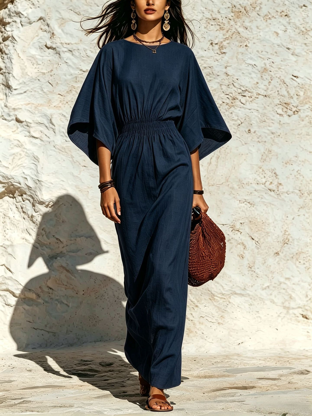 Damen Maxikleid mit Fledermausärmeln und geraffter Smock-Taillierung Drune