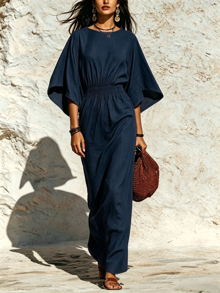Damen Maxikleid mit Fledermausärmeln und geraffter Smock-Taillierung Drune