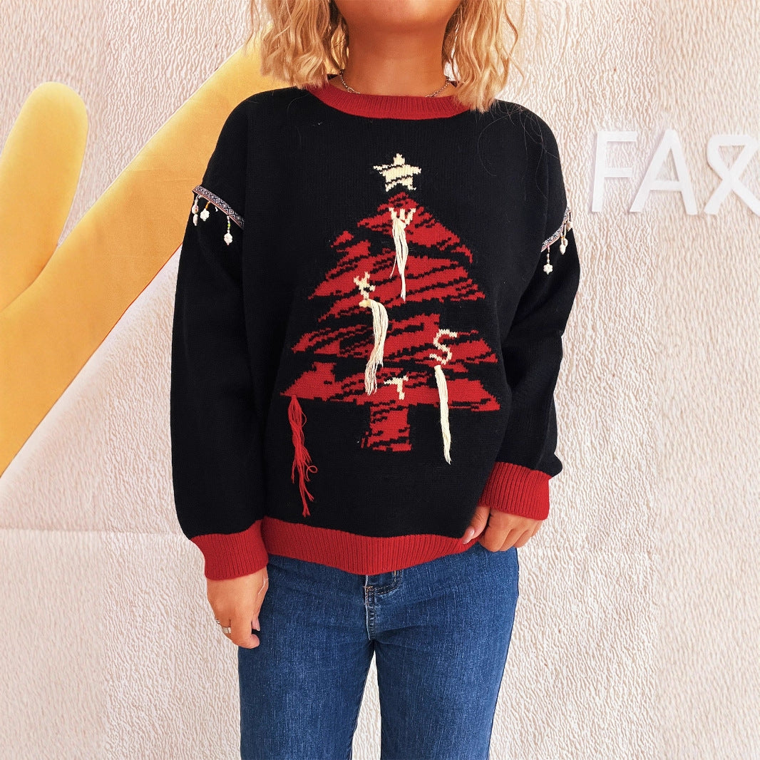 Damen Weihnachts-Pullover mit festlichem Baum-Motiv und edlen Details Drune