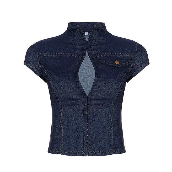 Damen modische Kurzarm Denim-Bluse mit eleganter Knopf-Detailierung Drune