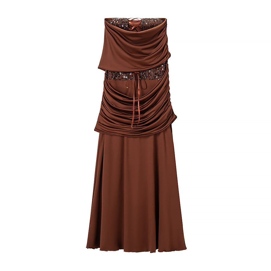 Damen Abendkleid mit schulterfreiem Drape‑Oberteil und Pailletten‑Einsatz Drune