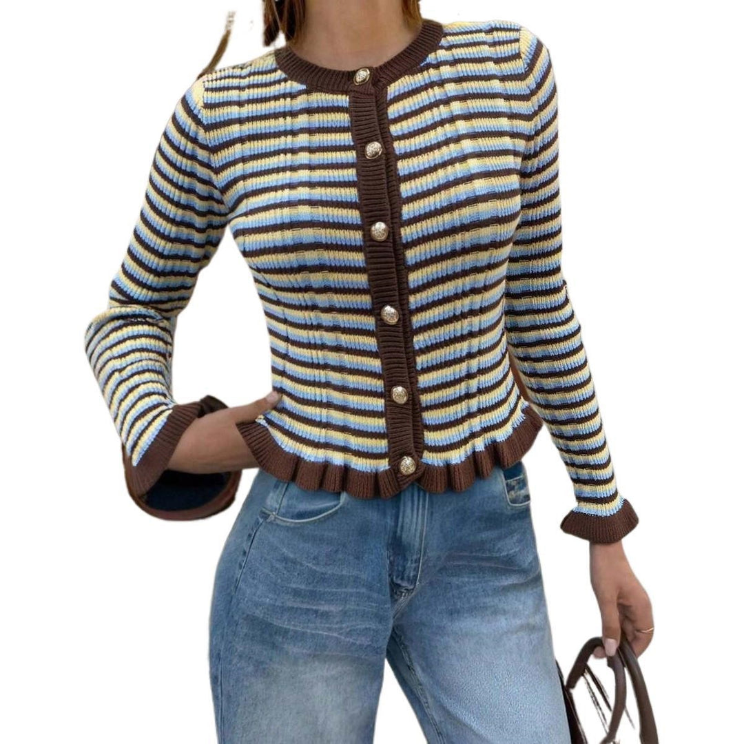 Damen Gerippte Kurzcardigan mit Rüschenbündchen & Statement‑Knöpfen Drune