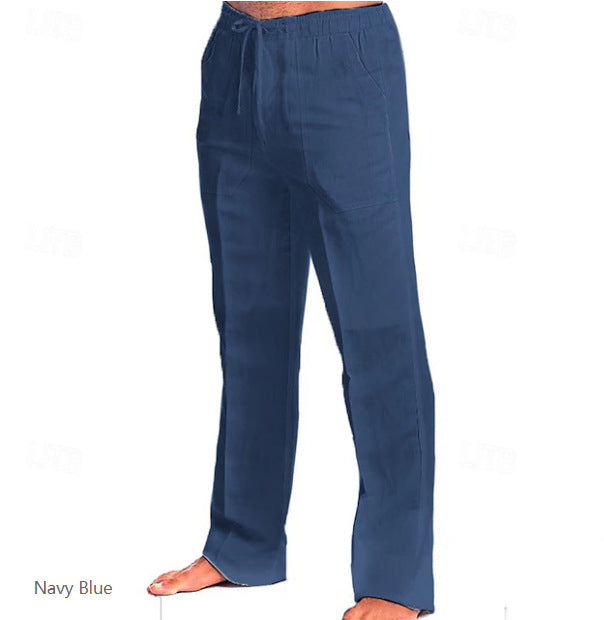 Herren leichte Freizeit-Hose im Leinenlook mit Tunnelzugbund, geradem Bein und atmungsaktivem Material Drune