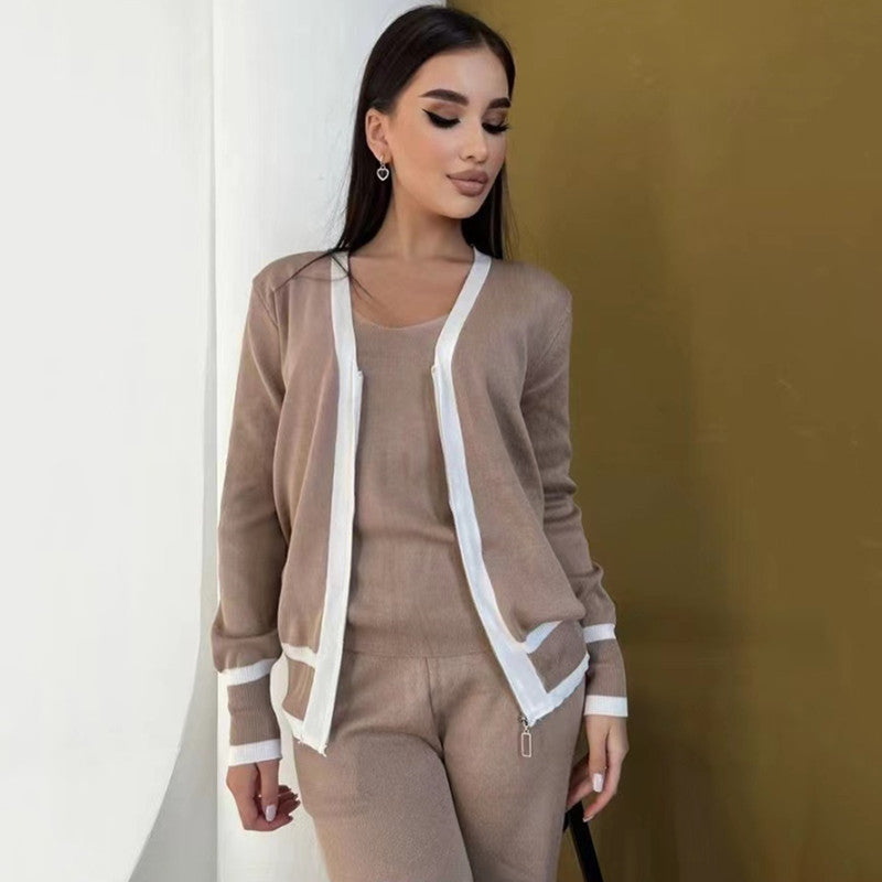 Damen lässiges Strick-Loungewear-Set mit hochwertigem Zip-Cardigan und Weitbein-Hosen Drune