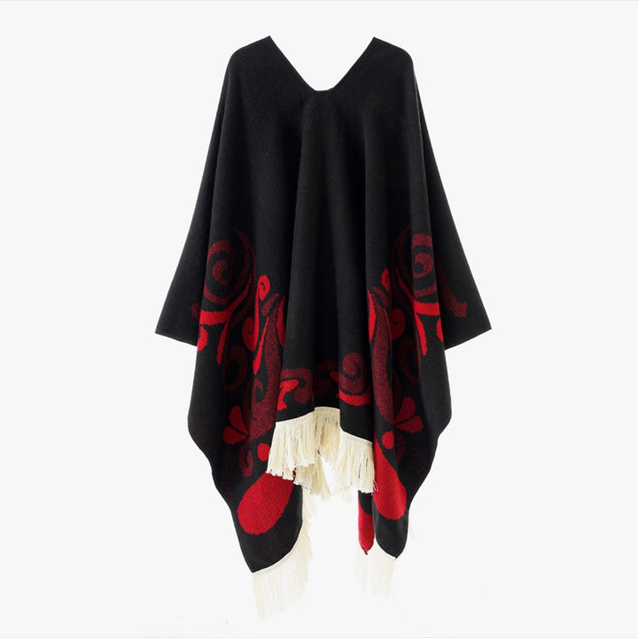 Damen Ornamentaler Jacquard‑Poncho mit V‑Ausschnitt und Fransensaum Drune