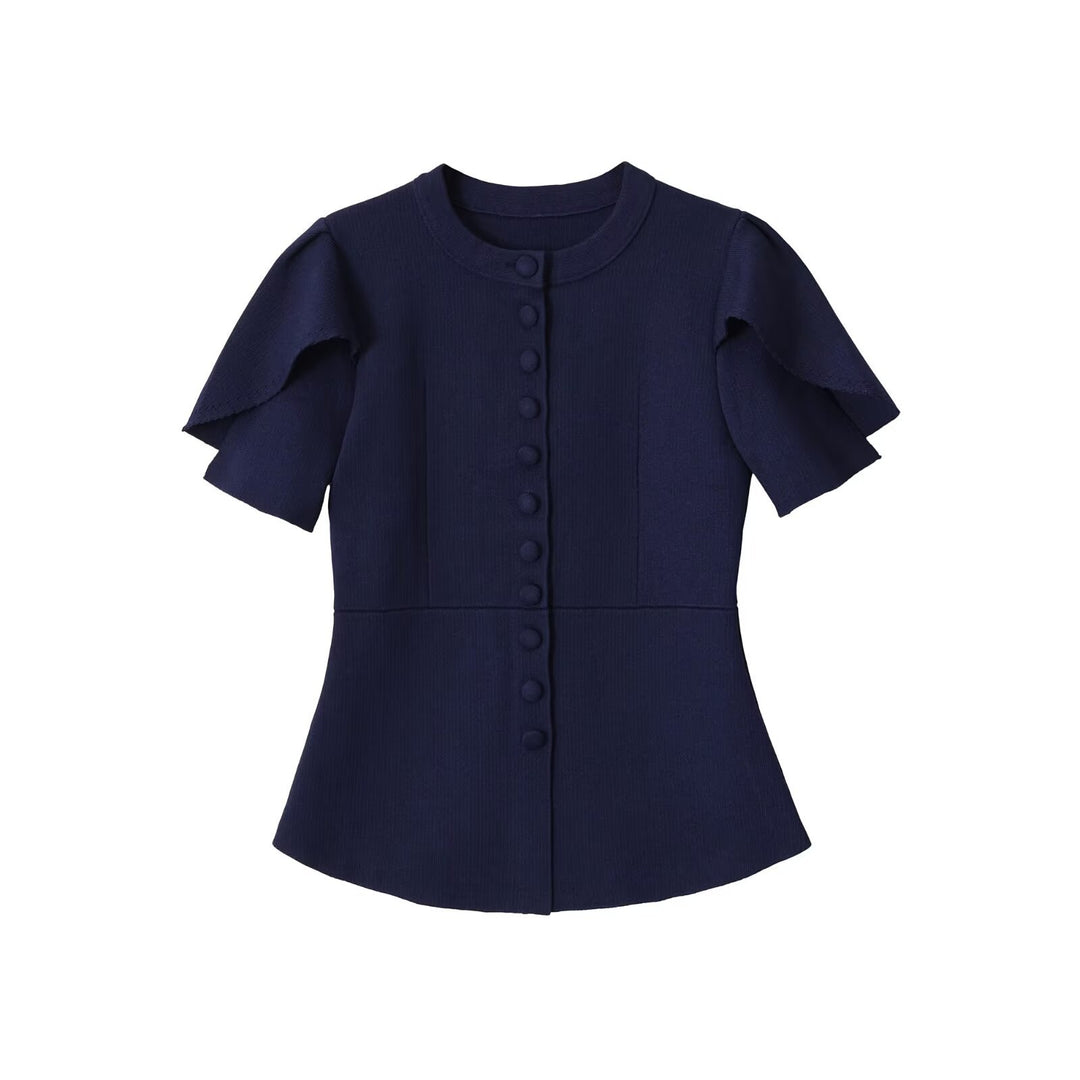 Damen Taillierte Stretch-Strickbluse mit verdeckten Stoffknöpfen und doppelten Volantärmeln Drune