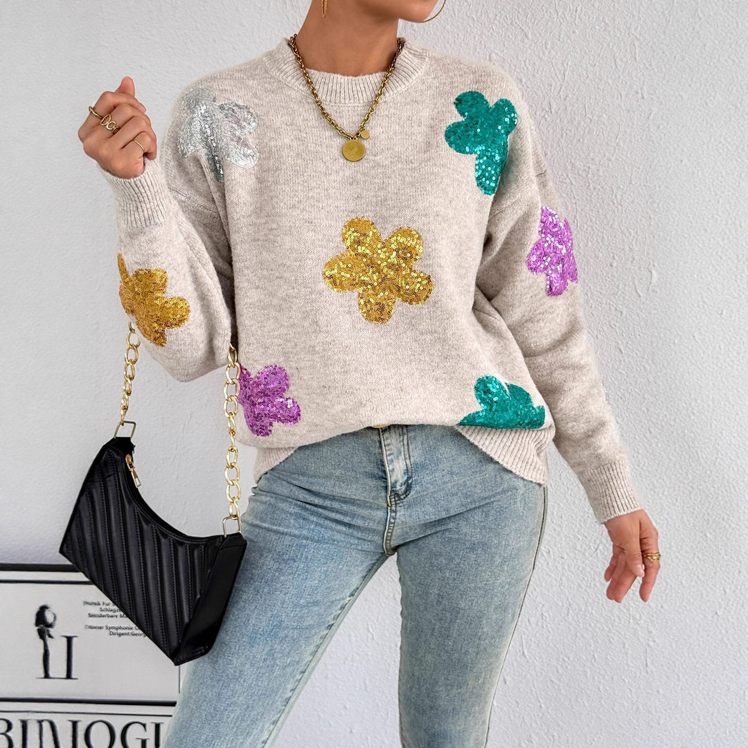 Damen glitzernder Oversized Pullover mit floralem Motiv Drune