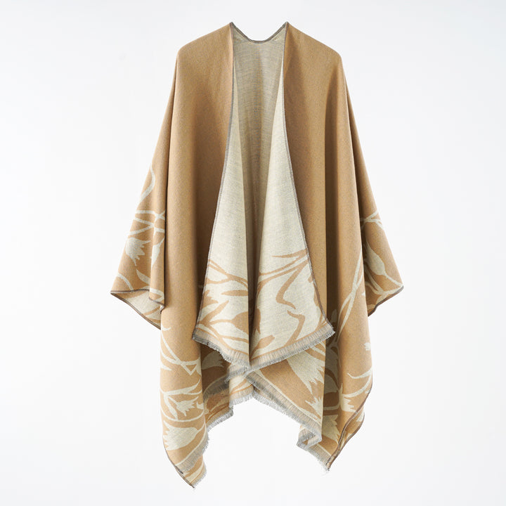 Damen Edler Wendbarer Ruana-Überwurf im Double-Face Wollmix mit floralem Jacquard Drune