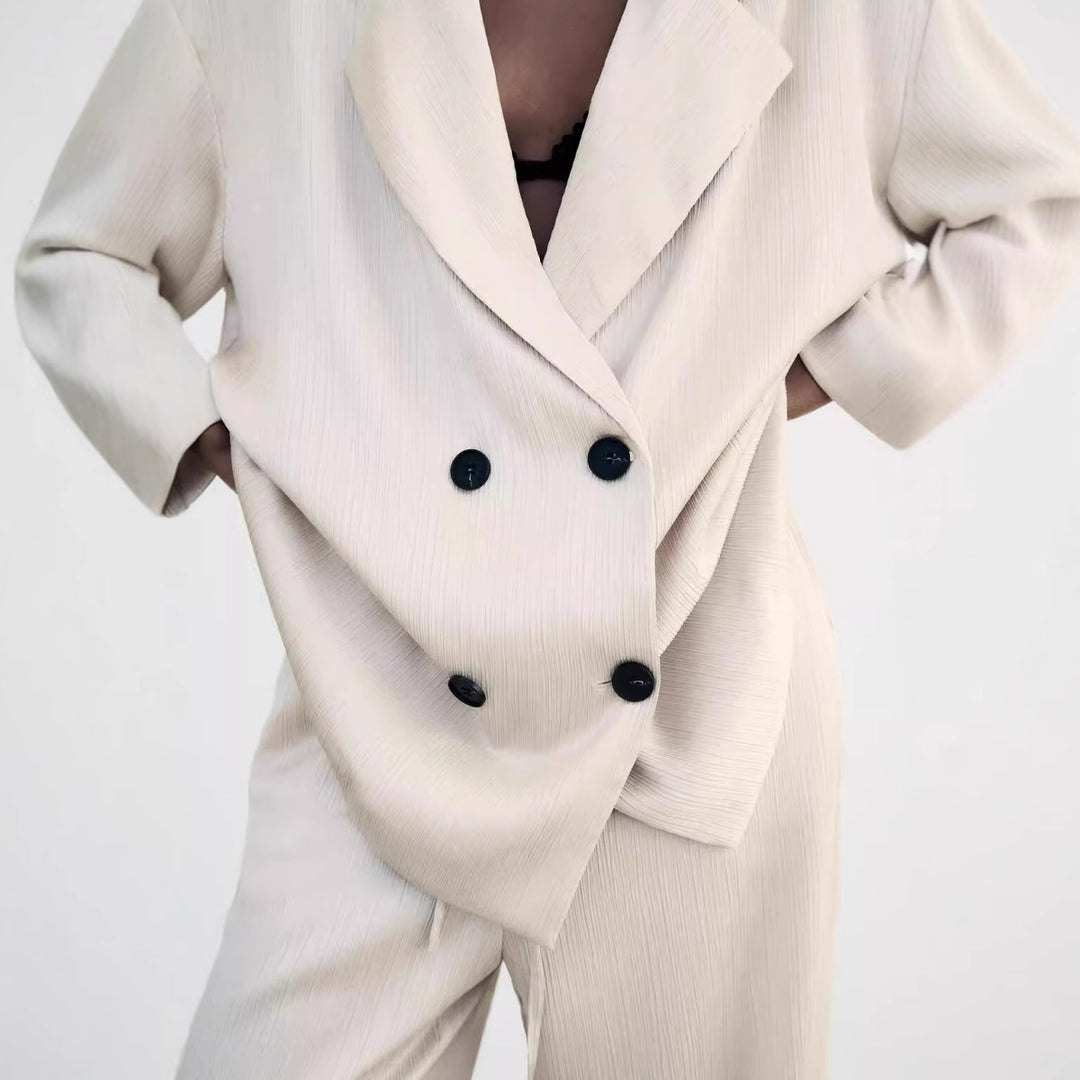 Damen Oversize Doppelreihiger Blazer mit Plissee‑Struktur und dreiviertelärmeln Drune