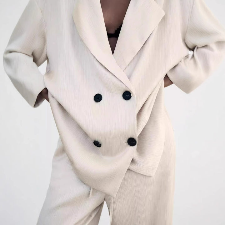 Damen Oversize Doppelreihiger Blazer mit Plissee‑Struktur und dreiviertelärmeln Drune