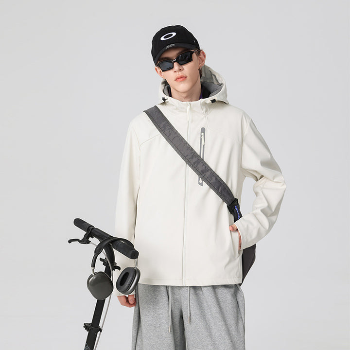 Herren Wasserdichte Softshell-Outdoorjacke mit verstellbarer Kapuze, verschweißten Reißverschlüssen und reflektierender Brusttasche Drune
