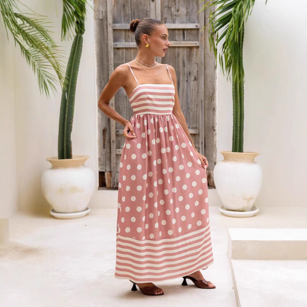 Damen Maxikleid mit verspieltem Streifendesign und großen Punkten Drune