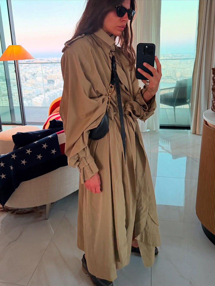 Damen Oversize-Trenchcoat mit voluminösen Ballonärmeln, Kordelzug und abnehmbarer Kapuze Drune