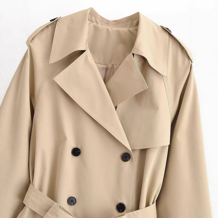 Damen Kurz-Trenchjacke mit weitem Schnitt, doppelreihiger Knopfleiste und Taillengürtel Drune