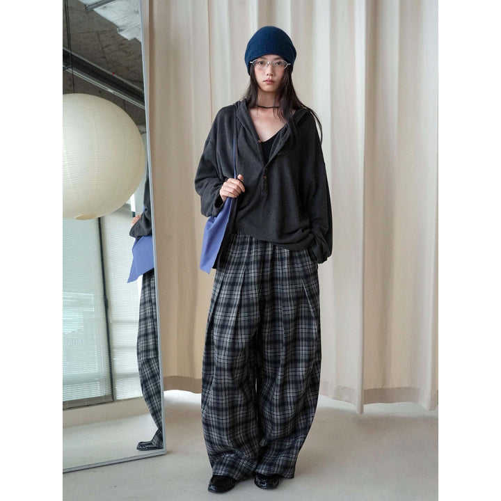 Damen Weite karierte Palazzo-Hose mit Bundfalten und elastischem Bund Drune