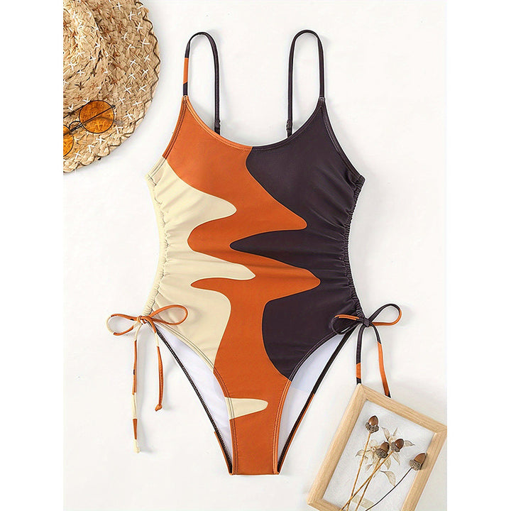 Damen Einteiler Badeanzug mit asymmetrischem Muster und verstellbarem Bindeband Drune