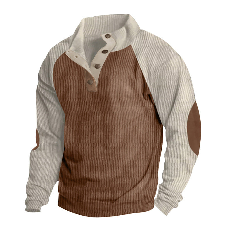 Herren nan Cordoptik-Halbknopf-Pullover mit Stehkragen, Raglanärmeln und Ellenbogenpatches Drune