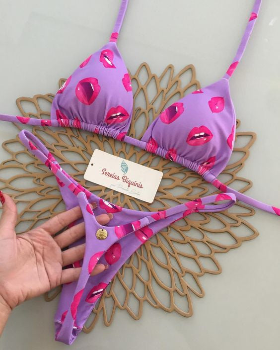 Damen Triangel-Bikini mit verspieltem Lippen-Design Drune