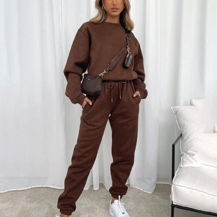 Damen kuscheliges Relax-Sweatshirt- und Jogger-Set aus angerautem Baumwollmix mit Raglanärmeln Drune
