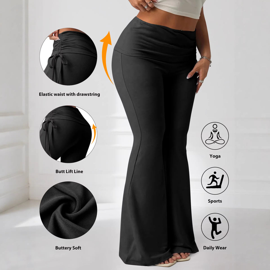Damen High-Waist Flared-Yogahose mit seitlicher Raffnaht und Kordelzug Drune