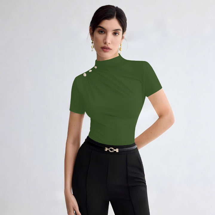 Damen elegantes Oberteil mit dekorativen Knopfdetails und modernem Stehkragen Drune