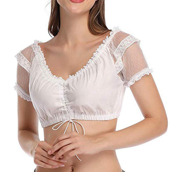 Damen  kurze Carmenbluse mit Spitzenärmeln und gerafftem Tunnelzug Drune