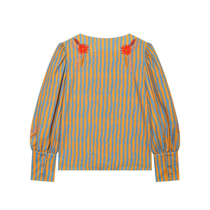 Damen Gestreifte Blusenjacke mit Blumenstickerei und Ballonärmeln Drune