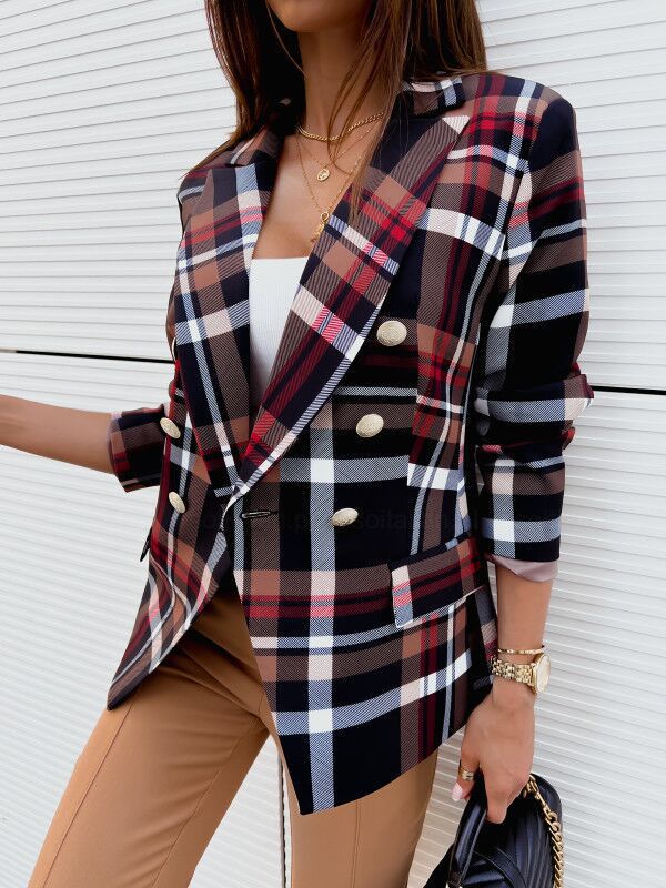 Damen Karierter Blazer mit doppelter Knopfreihe und elegantem Schnitt Drune