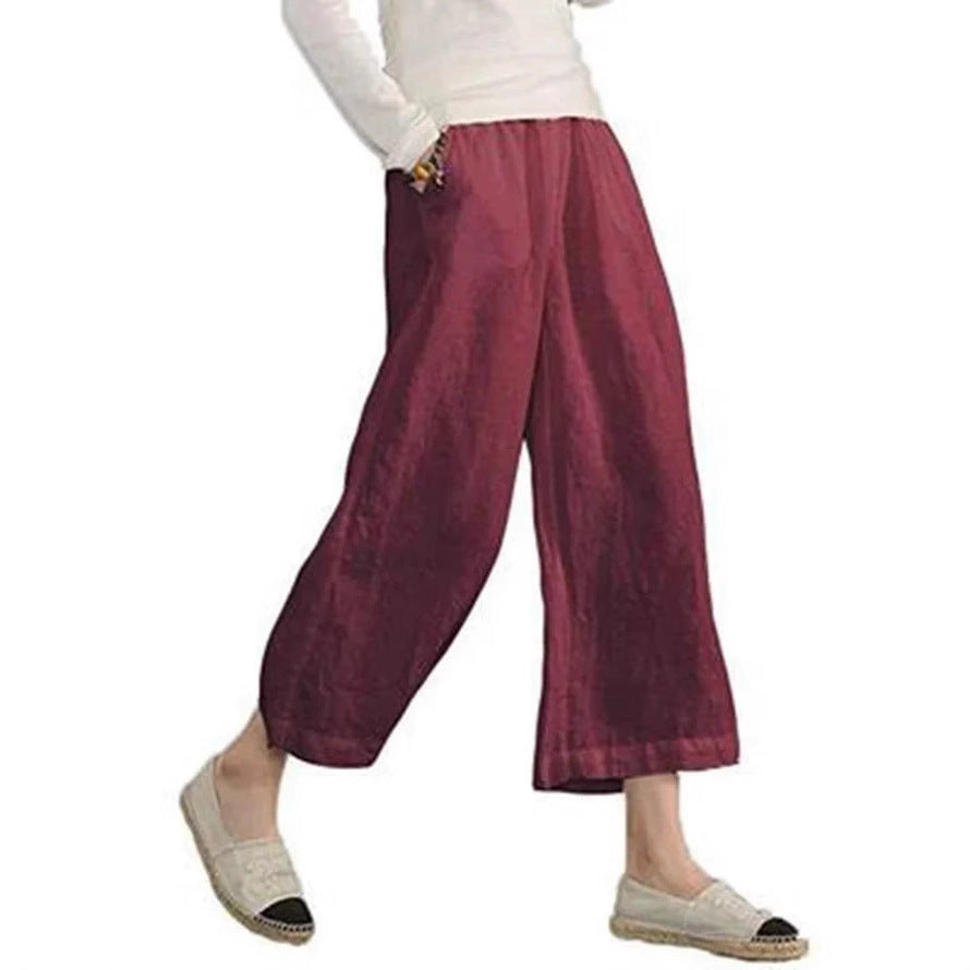 Damen weite Leinenhose mit seitlichen Taschen und elastischem Bund Drune